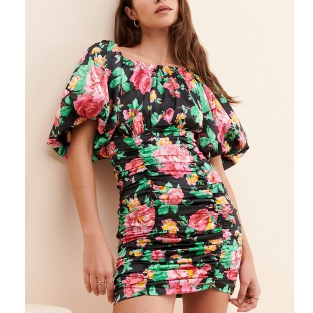 For Love & Lemons Jolie Floral Mini Dress NWT Black Pink Rose Puff Sleeve Small